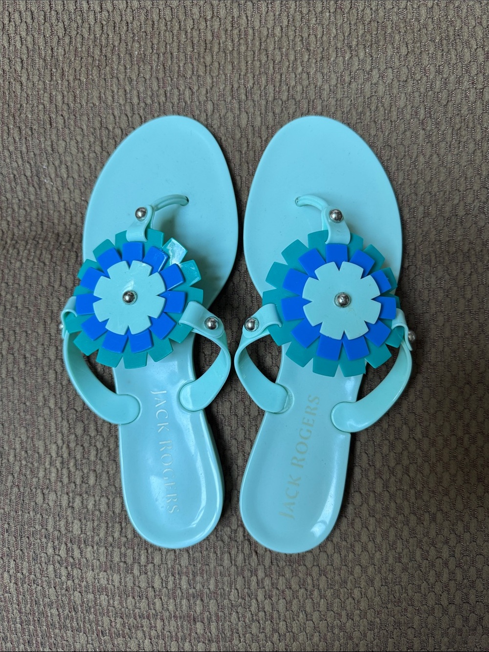 Jack Rogers mint & blue colored floral waterproof jelly shoes, size 7